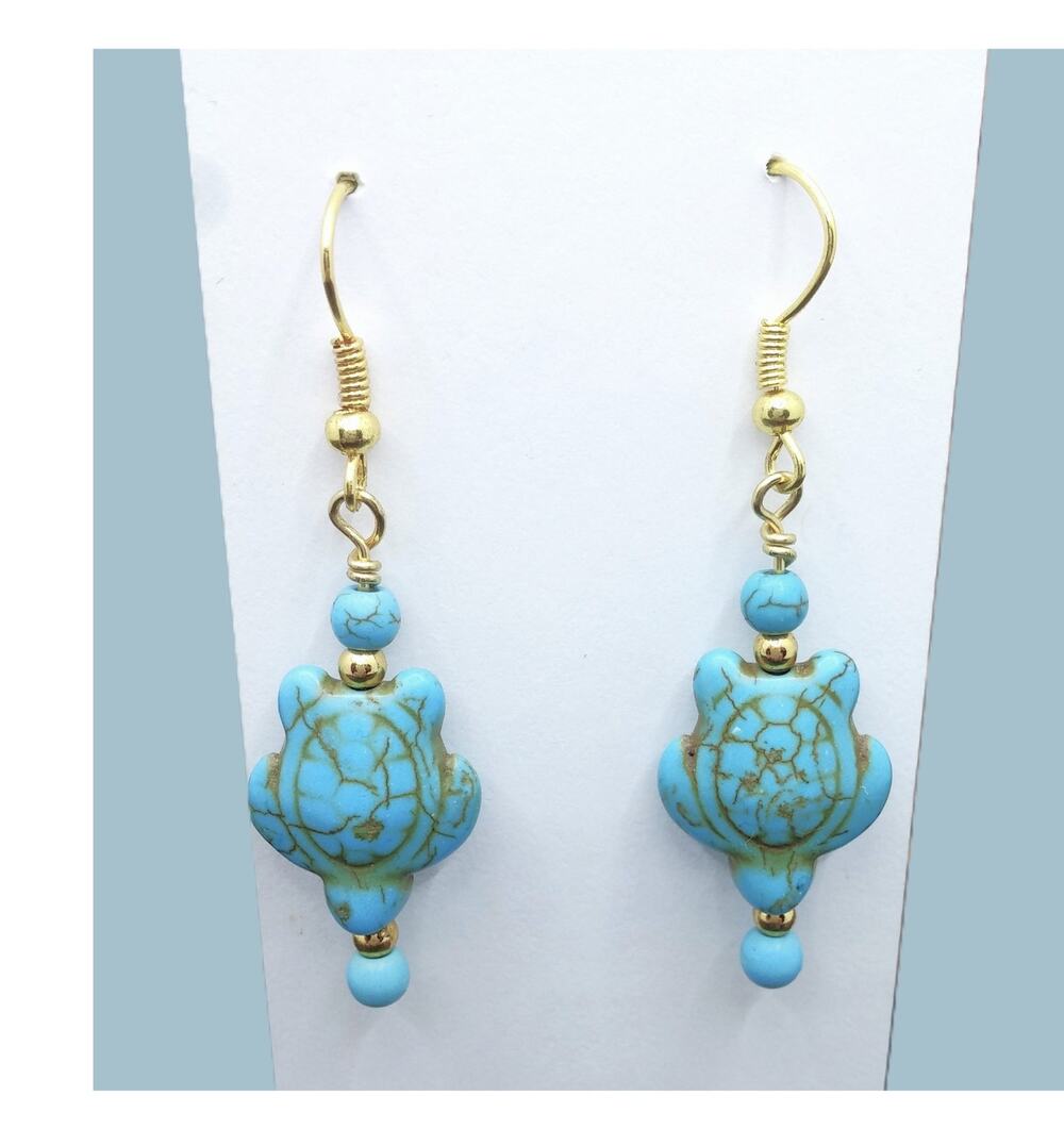 Artisan Blue Howlite Turtle Earrings Dangle Gold Tone Accents Sea Beach Life NEW